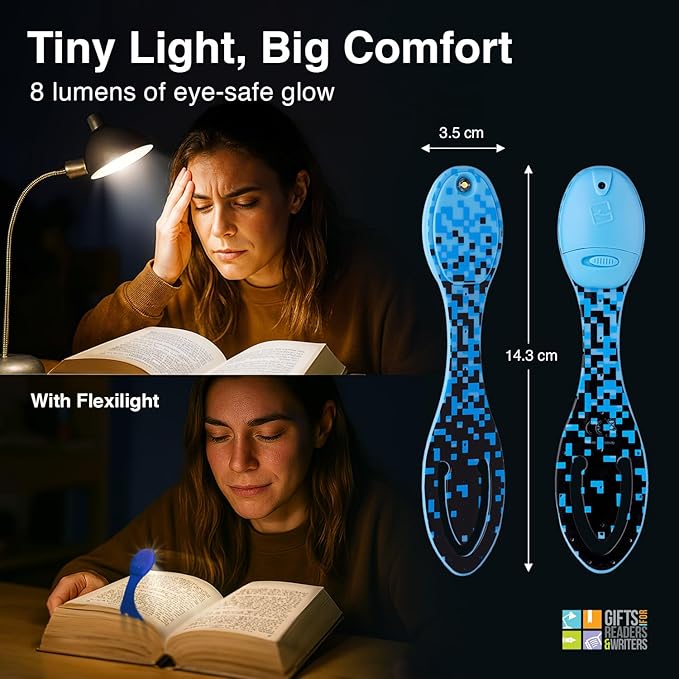 Gifts for Readers & Writers Book Light, Clip On Reading Light for Bed, 2in1 Flexilight & Bookmark, Small & Lightweight with a Soft Glow, 2 Batteries Included, Blue Digital