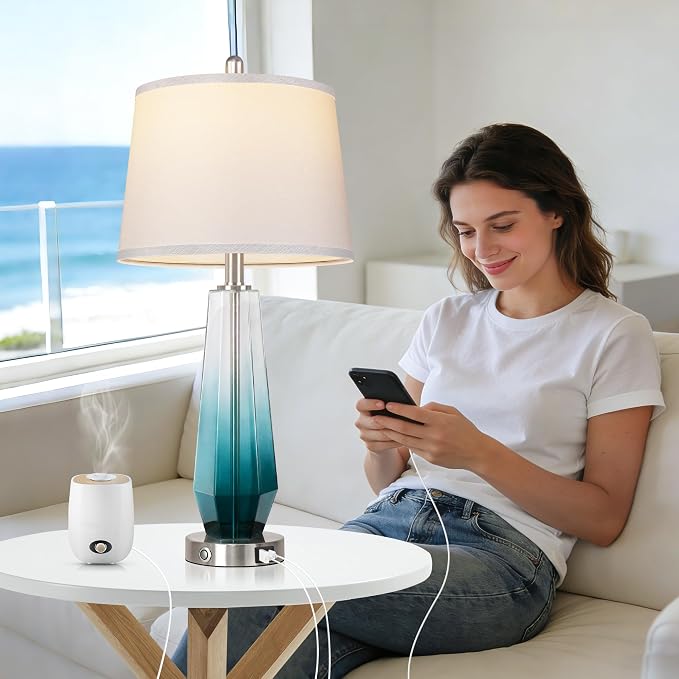 QiMH Glass Table lamps for living room, Modern Bedside Lamps for Bedrooms,27.5" Tall Nightstand Lamps Set of 2 with 3-Way Dimmable Touch Control, White Linen Shade,USB A/C Charging Ports,Gradient Teal