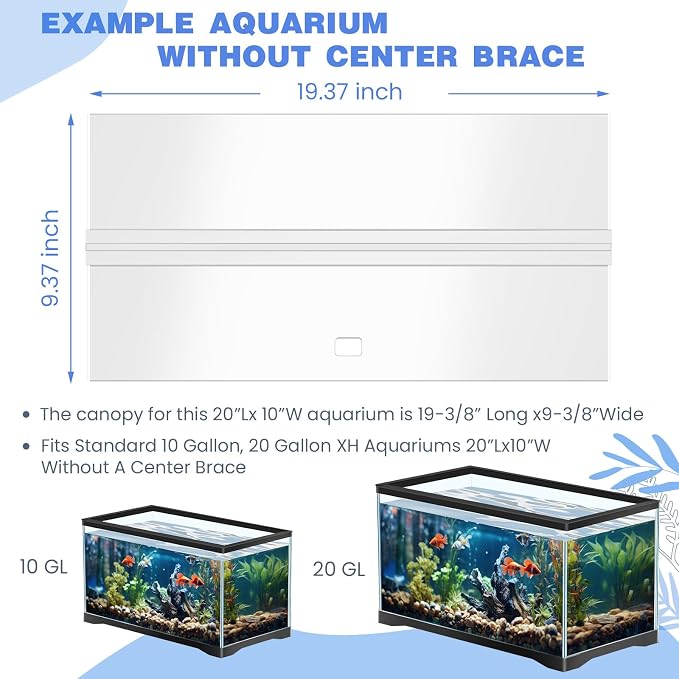Sieral Aquarium Lids Polycarbonate Canopy with LED Light 19.37 x 9.37 x 0.12 Inch for 10/20 Gallon Without Center Brace Aquariums Cover Fish Tank Lid with a Hook Knife, Clear