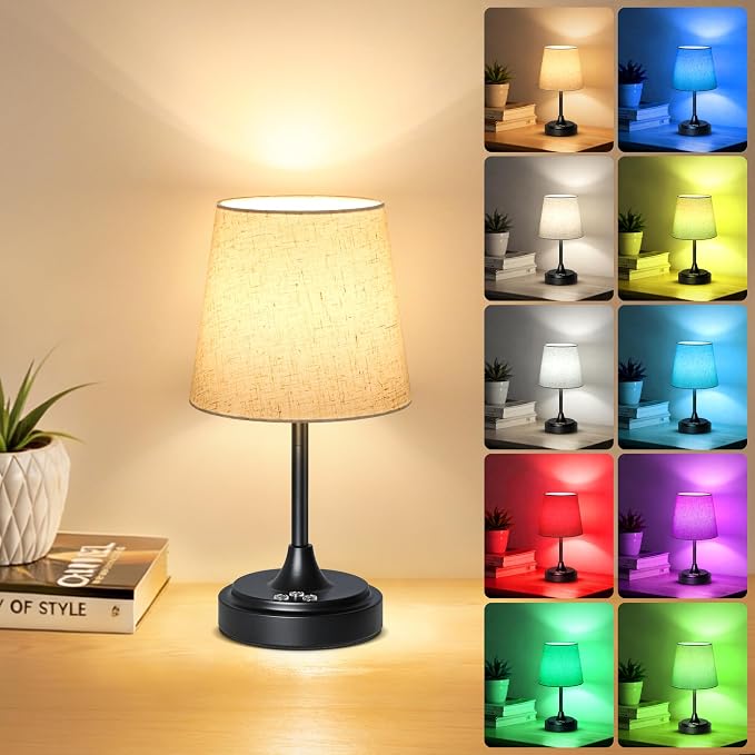 Wowag Small Cordless Table Lamp Rechargeable,5000mAh Battery Operated Desk Lamp,3 Colors & 7 RGB Stepless Dimmable,Touch Ambient Light for Bedside,Bedroom,Dining Room,Living Room,Black,FlaxenShade