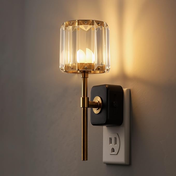 L LOHAS LED Night Lights Plug into Wall,Crystal Acrylic Cylinder Nightlight | Dusk to Dawn Sensor Night Light with 180° Rotating, Round Platform ,0-100LM Dimmable, for Bedroom Living Room Hallway