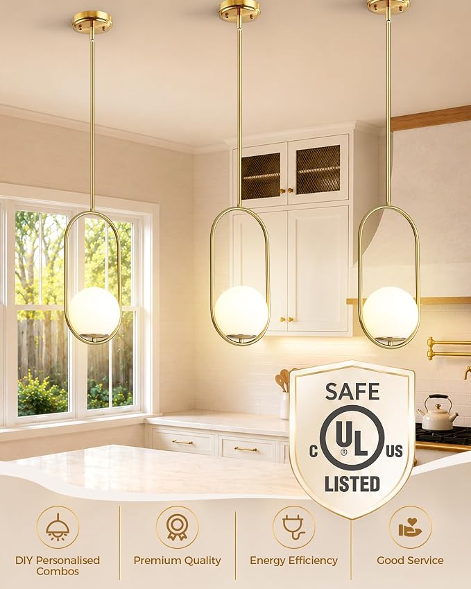 Majade Pendant Lights Kitchen Island, Mid Century Modern Pendant Light Fixtures, 2 Pack Gold Globe Glass Pendant Lighting, Brass Chandelier Adjustable Hanging Light for Dining Room Bathroom Bedroom