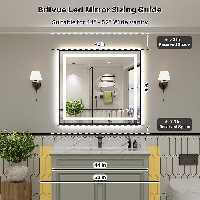 40x36 Inch LED Bathroom Mirror with Black Frame, Backlit & Front Lit | Anti-fog, 3 Color Dimmable, Memory Function, HD Reflection Tempered Glass, ETL Listed, IP54 Waterproof