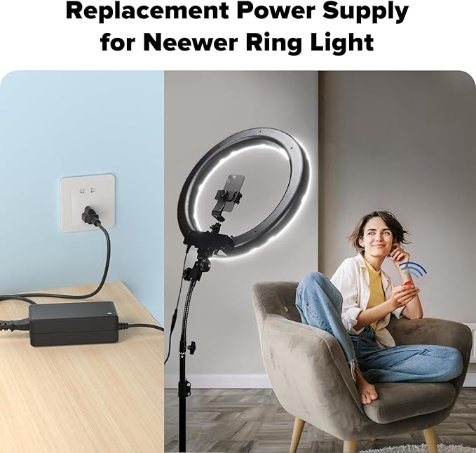 15V Power Cord Compatible with Neewer 14 Inches & 18 Inches Ring Light Compatible with Neewer Photo Studio Ring Light NW-150480D2 DC15V 5A 4.8A Power Supply AC Adapter