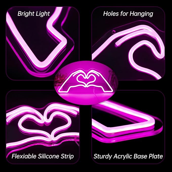 Heart Hands Neon Sign, Pink Room Decor, 15.75 inches Dimmable USB Powered Led Wall Art Decor, Music Merch Gifts for Girls Boys, Fans, Music Lover, Party, Christmas, Birthday(Pink)