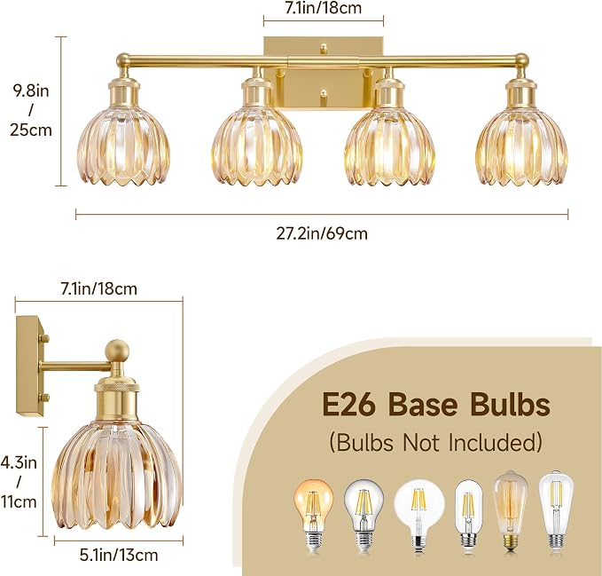Bathroom Light Fixtures Over Mirror, 27.2 in Vintage Bathroom Light Fixture 4 Light,Antique Brass Wall Sconce with Amber Tulip Glass Shade for Bedroom Living Room,Foyer,Hallway, E26 Base