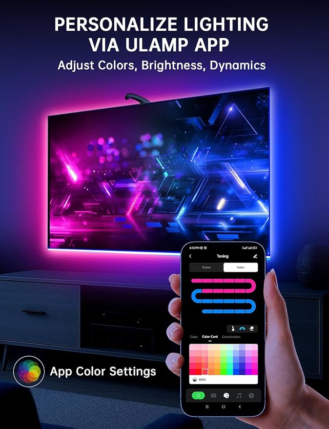 TV Backlight with Sensor Sync, 11.5ft RGB LED Light Strip for 32–50” Screens, Smart App Control, Game & Music Sync Lighting