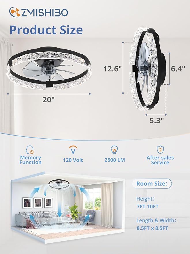ZMISHIBO 19.7" Ceiling Fans with Lights, Low Profile Ceiling Fan and Remote, Flush Mount Ceiling Fans, Stepless Dimmable LED Light, Black Fixtures for Bedroom, Living Room | 3CCT Dimmable LED, DC Motor, Bladeless, Reversible Blade, 6 Speeds, Modern, Lo...