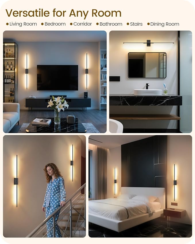 39.4" Wireless Wall Sconces Battery Operated Set of 2, Rechargeable Lamps with Remote, 360° Rotation, 10000mAh, Touch Dimmable Lights for Bedroom, Living Room, Hallway, Black B07YBP205