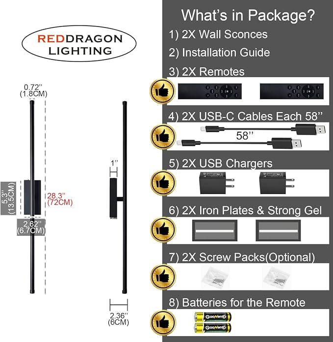 Peel and Stick on Battery Operated Wall Sconces Set of 2 | Easy Install No Drilling Sconces, Wireless Rechargeable Adhesive Wall Lights for Pictures, Living Room, Bedroom (28.3'')
