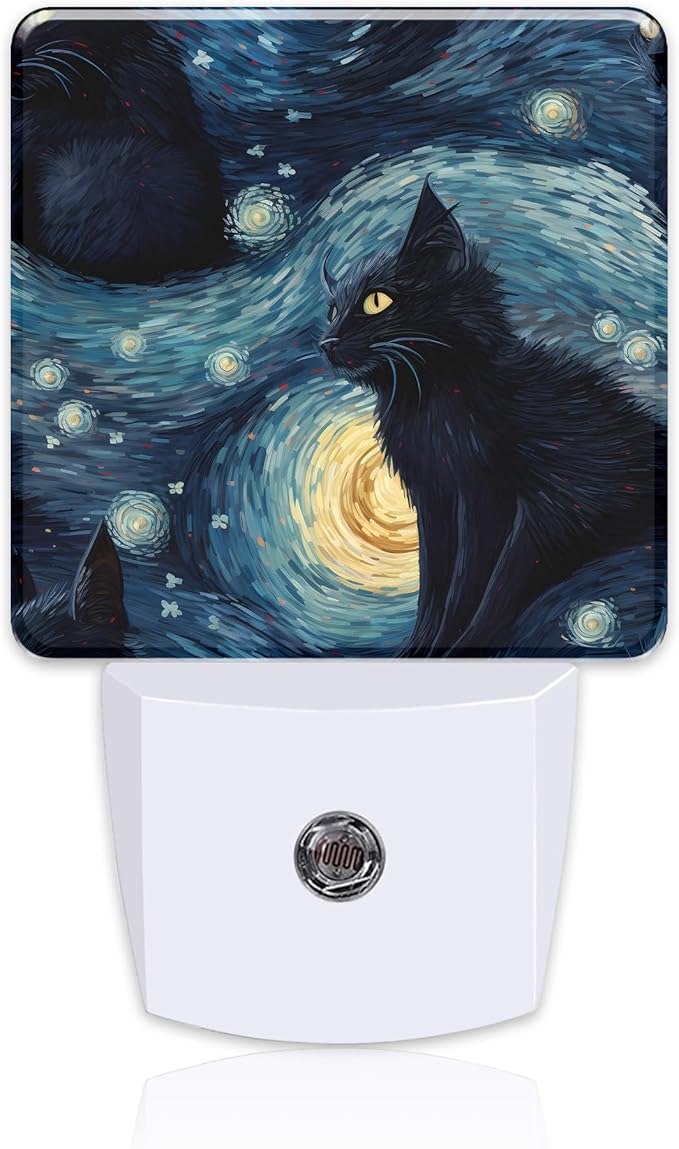 Starry Night Black Cat Night Light Plug into Wall, Abstract Oil Painting Cat Dusk to Dawn Night Light Plug in,0.5w Energy Saving Sleep Friendly NightLight for Kids Boys Girls Home Decor