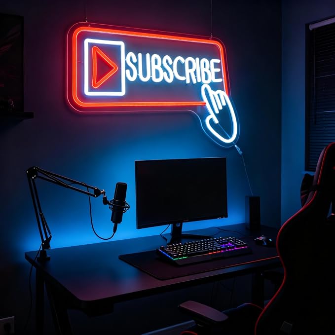 Subscribe Neon Sign, Stylish Play Button & Cursor Wall Light | 30x43cm, Red & White LED, Easy Hanging Kit Included, For Streamers/Gamers, Content Creator Rooms/Home Office Decor