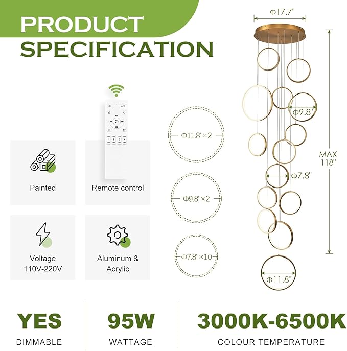 14 Ring High Ceiling Chandelier Foyer, Gold Modern LED Large Staircase Long Chandeliers Light Fixture with Remote for Staircase Entryway Living Room Dining Room(118in, 3000K-6500K)