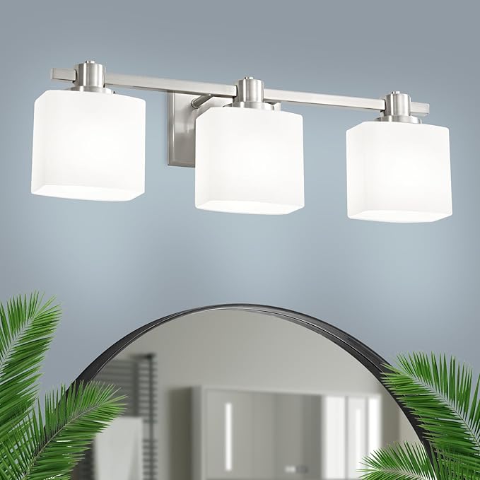 Bathroom Light Fixtures Over Mirror Bathroom Vanity Light Silver Modern Industrial Makeup Lighting Wall Sconce Farmhouse Rustic Milk Glass Lamp Desk Sink (Brushed Nickel, 23 Inch, 3 Light)