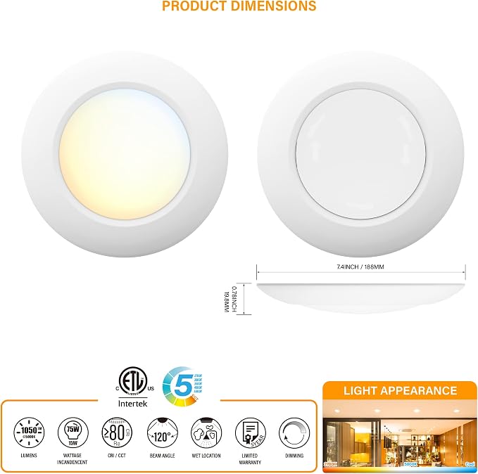 8 Packs 6 Inch 5CCT Field Selectable LED Low Profile Recessed & Surface Mount Disk Light, Round, 15W, 920 Lumens, CRI80, 27K-30K-35K-40K-50K, Driverless, Dimmable, ETL & Wet Listed, White