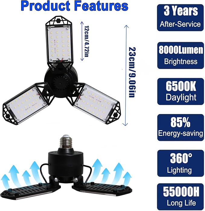 LED Garage Light, 80W 8000 Lumen Ceiling Lights with 3 Adjustable Panels, E26/E27 6500K Daylight Light Bulb Fixture LED Lights for Garage, Barn, Attic Workshop Bay Light (80W 4Pack)