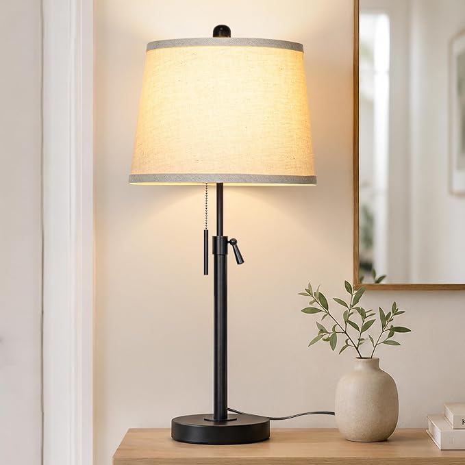 Black Bedside Lamp Tall Table Lamp 22" to 30" Adjustable Height 3 Brightness Way Nightstand with Beige Linen Shade Pull Chain Pole Lights for Living Room Guest Bedroom End Table(Bulb Included, Single)