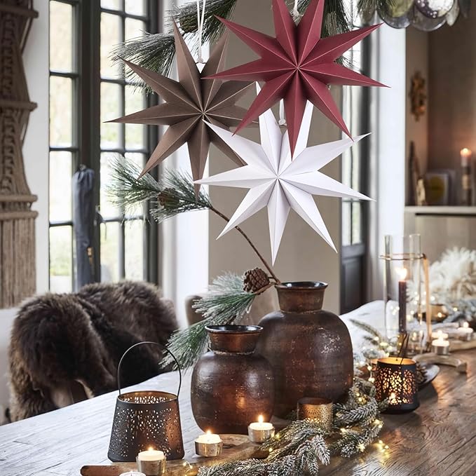 SUNBEAUTY 3 Pcs 9-Pointed Brown Burgundy White Paper Star Lanterns 12 Inch Christmas Hanging Lamp Rustic Paper Decorations Shade Wedding Birthday Christmas Home Party Decorations