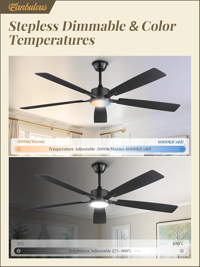 Fanbulous 60 Inch Ceiling Fans with Lights and Remote, Black | Stepless Color Temperature Change & Dimmable 20W LED Ceiling Fan, 6 Speeds Reversible Quiet DC Motor, for Bedroom Living Room