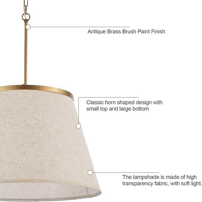 24" Boho Chandelier, Tapered Fabric Drum and Antique Gold Accents Paint Finish Shade Pendant Lighting for Nursery Room Dining Room Living Room Kitchen