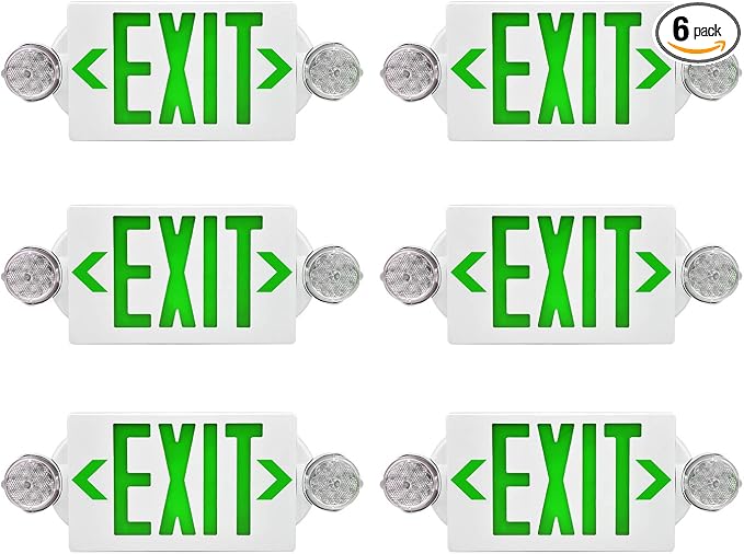 LED Emergency Light & Exit Sign Combo, Green Exit Sign, UL Certified Emergency Exit Light, Adjustable Lamps with Back-up Battery for Business (Green, 6 Pack)