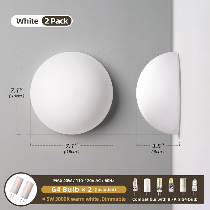 Modern Globe Glass Wall Sconces Set of 2: Small 7 In Art Deco Light Fixture | Mid Century Indoor Set of Two Round Lights, For Bedroom Bathroom Vanity Mirror Hallway Bedside Mount Half Moon Lamps 3000k