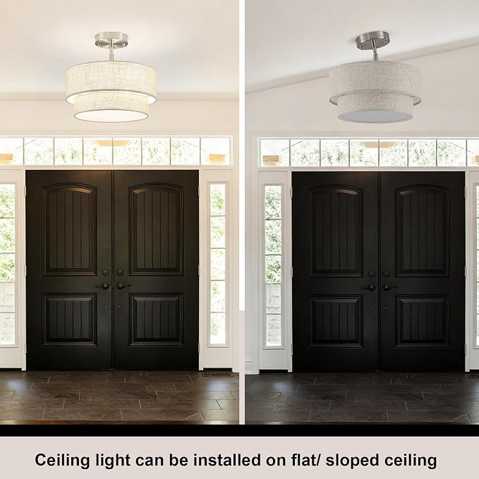 Semi Flush Mount Ceiling Light - 12.6in Diameter, Fits Flat & Sloped Ceilings, 3-Light E26, Dimable 3-Color Temp, ETL Listed, Modern Farmhouse Lighting for Entryway, Hallway, Kitchen