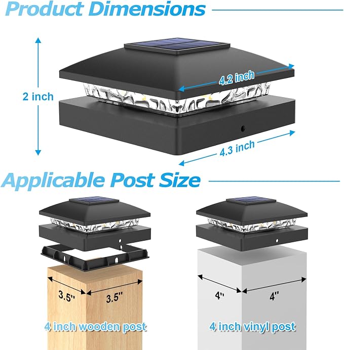 VOLISUN 24 Pack Black Solar Post Cap Lights Fit 4x4 Fence Deck Post | Waterproof outdoor lighting, warm white glow, fits wooden & vinyl 4x4 posts, solar powered for yard patio fence deck