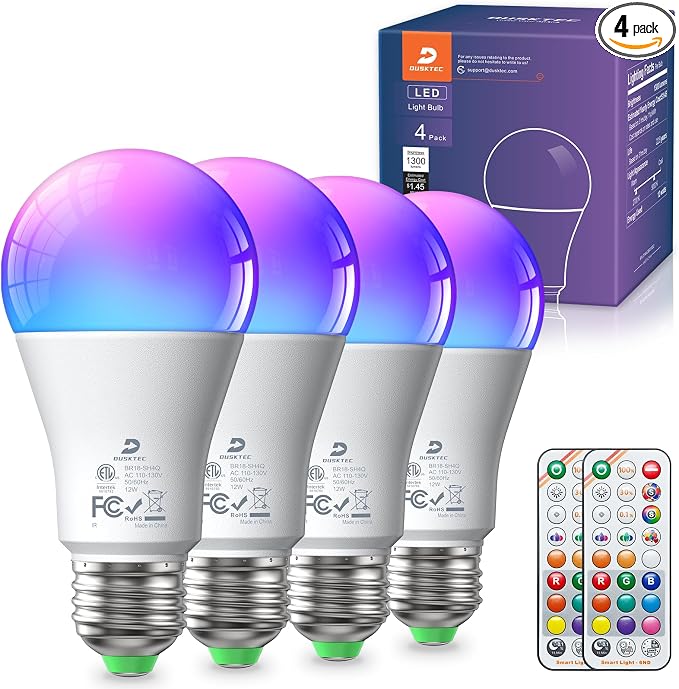 DUSKTEC Color Changing Light Bulb, LED Light Bulbs 100 Watt Equivalent with Remote Control, 9 RGB Colors & 3CCT, DIY/Timer/Sleep Mode,12W, 1300 Lumens, A19 E26 Lightbulbs for Home (4 Pack)