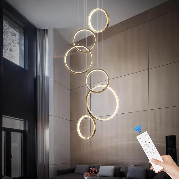 Modern LED Chandelier 6 Ring Gold LED Pendant Light Adjustable Height Hanging Ceiling Light Fixture Dimmable Chandelier Ceiling Hanging for Foyer, Entryway (98.5in 3000K-6500K)