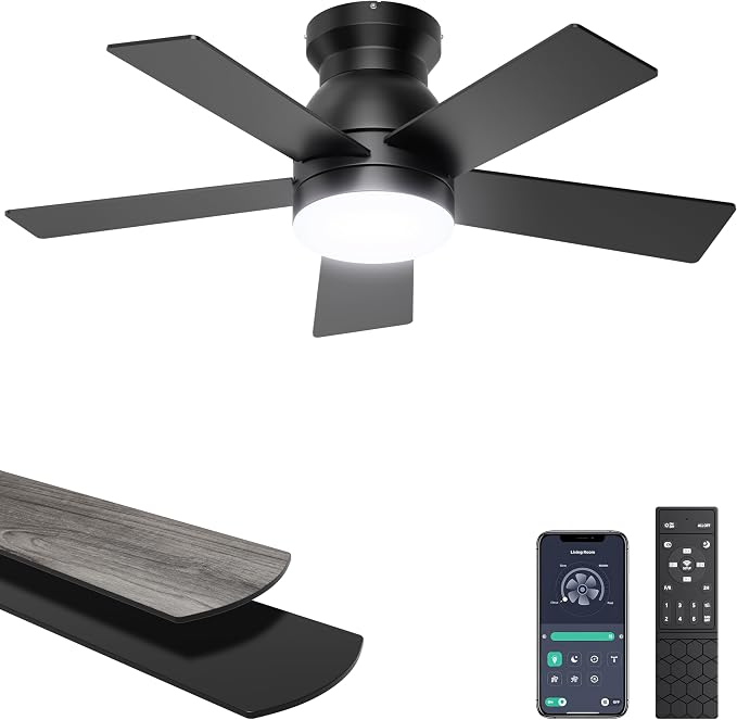 Ohniyou 32'' Low Profile Ceiling Fan with Lights, Remote/APP Control, Black | Flush Mount, Dimmable 3CCT LED, Quiet DC Motor; Memory Function, Small Ceiling Fan for Indoor Bedroom Kitchen Nursery