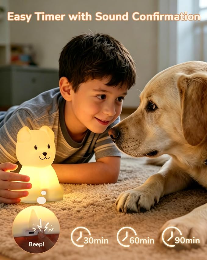 Night Light for Kids, LED Puppy Squishy Animal Lamp for Baby, Soft Silicone Dimmable Bedside Touch Light with Timer, Battery Rechargeable Nightlight Boys Gifts Toddler Room Decor 4.53 x 1.81 x 4.13 in