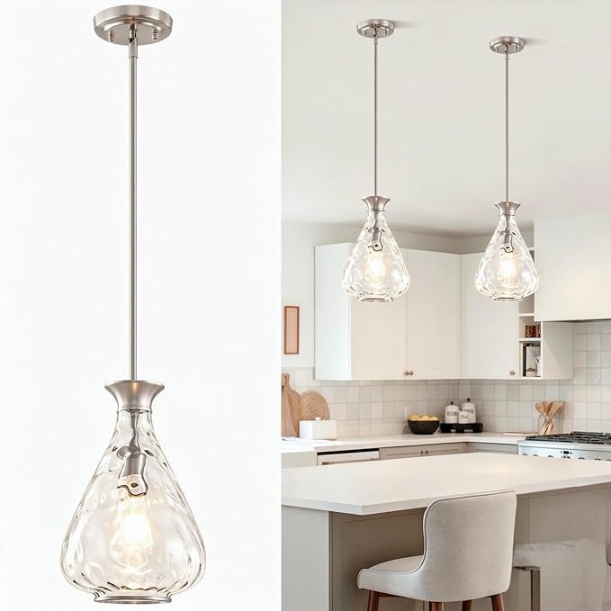 2 Pack Modern Pendant Lights Kitchen Island,Brushed Nickel Pendant Light Fixtures with 8.5" Clear Hammered Glass Shade,Industrial Hanging Pendant Lights Fixture for Kitchen Island Dining Room Entryway
