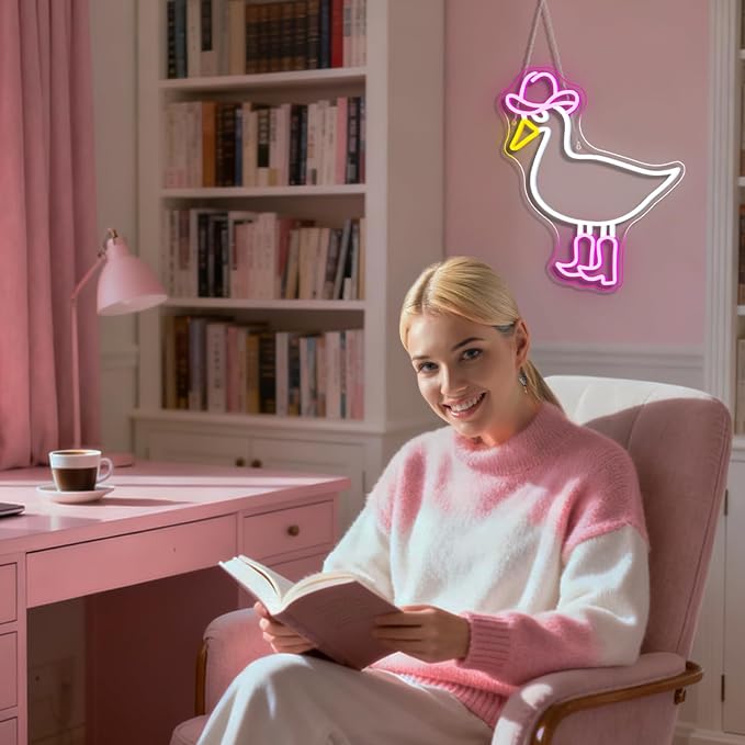 Cowboy Duck Neon Sign,Duck Neon Signs Cowgirl Boots Neon Signs for Wall Decor, USB Connectivity Pink LED Signs for Bedroom Living Room Kids Room Home Bar Birthday Party