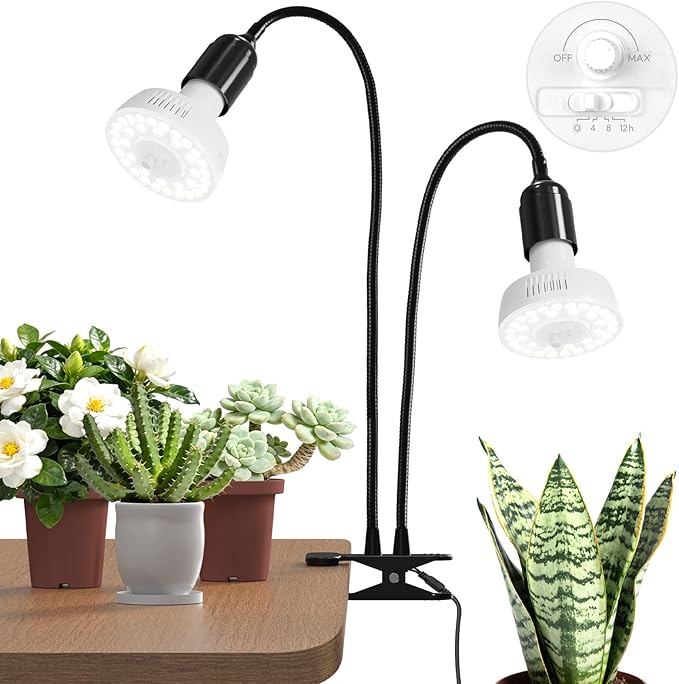Barrina OG11A2 Clip On Grow Light for Indoor Plants, 5000K 22W(2 x 11W) | Integrated Stepless Dimming & Timing, Full Spectrum, High PPFD, 2-Gooseneck with E26 Plant Light Bulbs