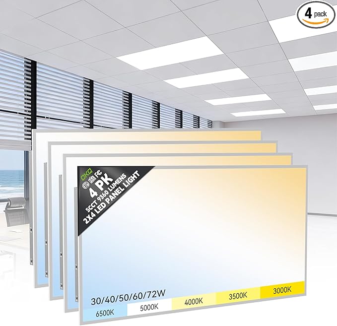 OKQ 2x4 LED Flat Panel Light Drop Ceiling Office Shop Commercial Warehouse Fixture, 5 CCT 3000K-6500K Adjustable & 5 Wattage Selectable,6000Lm 0-10V Dimmable, ETL Listed (4Pack)
