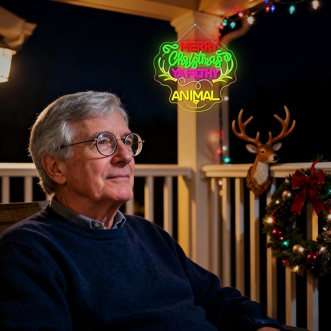 Merry Christmas LED Neon Sign Christmas Deer Light for Grinch Decoration | 14.33IN*12.6IN,Merry Christmas Ya Filthy Animal,Five level brightness adjustment,USB power,For Bar,Club,Pub,Home,Party