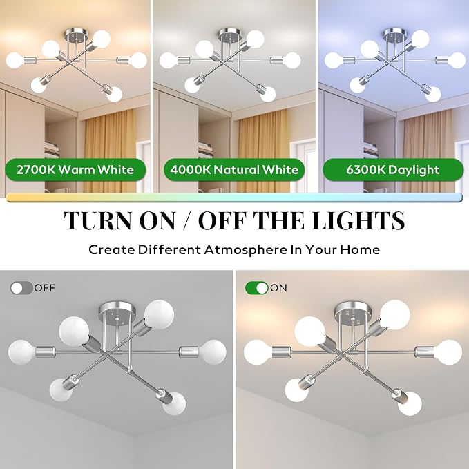 Modern Sputnik Chandelier Ceiling Light Fixtures, 6-Lights 22” Mid Century Industrial Metal Semi Flush Mount for Dining Room, Bedroom, Living Room-Glossy Silver
