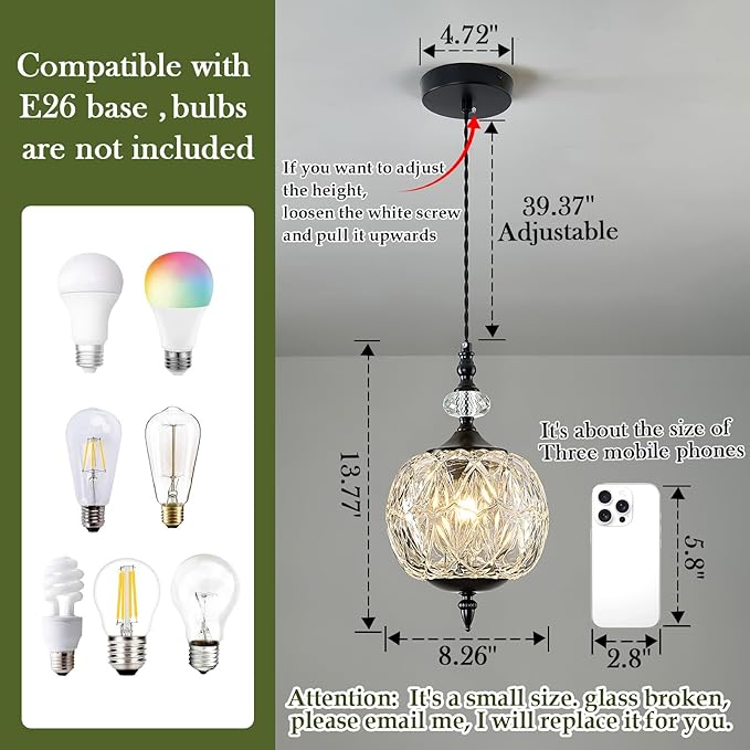 Piepooye Vintage Glass Pendant Light Farmhouse Black Chandelier E26 Mini Adjustable Hanging Ceiling Light Fixture for Kitchen Island Dining Room Bedroom Foyer Entryway