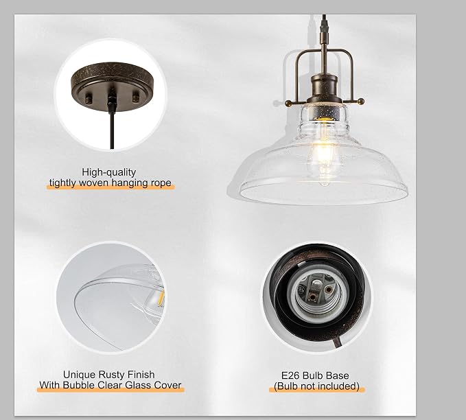 WILON Seeded Glass Modern Pendant Light for Kitchen, Rust | 11'' Seeded Glass Shade, Adjustable Height, E26 Ceramic Socket, 60W MAX, Farmhouse Style for Dining Room Kitchen Over Sink