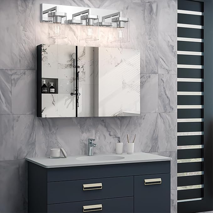 Chrome Bathroom Vanity Light, Square Design 3 Lights Morden Vanity Lighting Fixtures Over Mirror, Bathroom Light Fixtures for Living Room/Bedroom