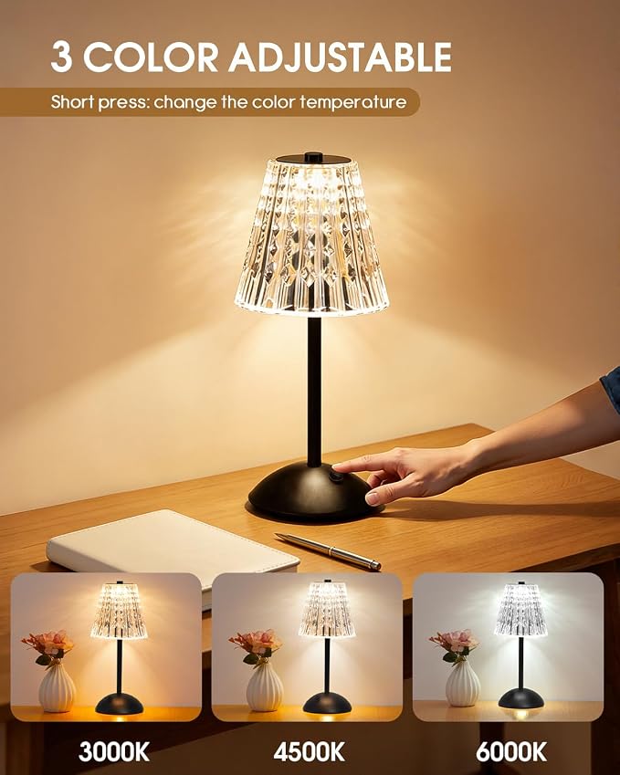 Nusogon 4 Pack Rechargeable Cordless Table Lamp, Touch Control Desk Lamp | 3 Color Dimmable LED Black Small Lamp for Bedroom Bedside Restaurant Kitchen Home Decor