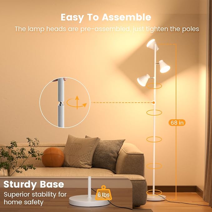 36W LED Tree Floor Lamp, Dimmable Tall Standing Lamp with Remote & Touch Control, 4 Color Temperatures Bright Floor Lamp, 3 Rotatable Light Modern Floor Lamps