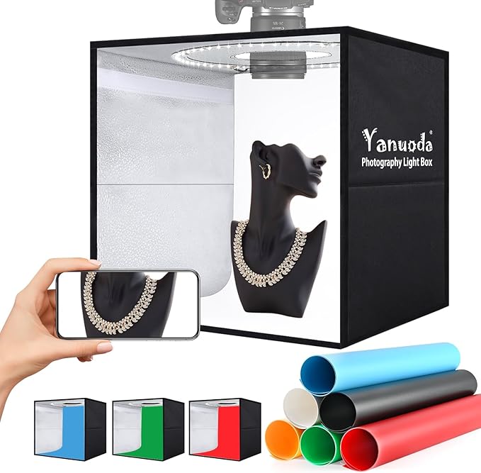 Photo Studio Light Box, Dimmable Shooting Tent Kit - 12"x12"x12" Foldable Lightbox with 120 LED (CRI 97), 6 Backdrops, 3 Light Modes, Photo Booth Box for Small Product Photography