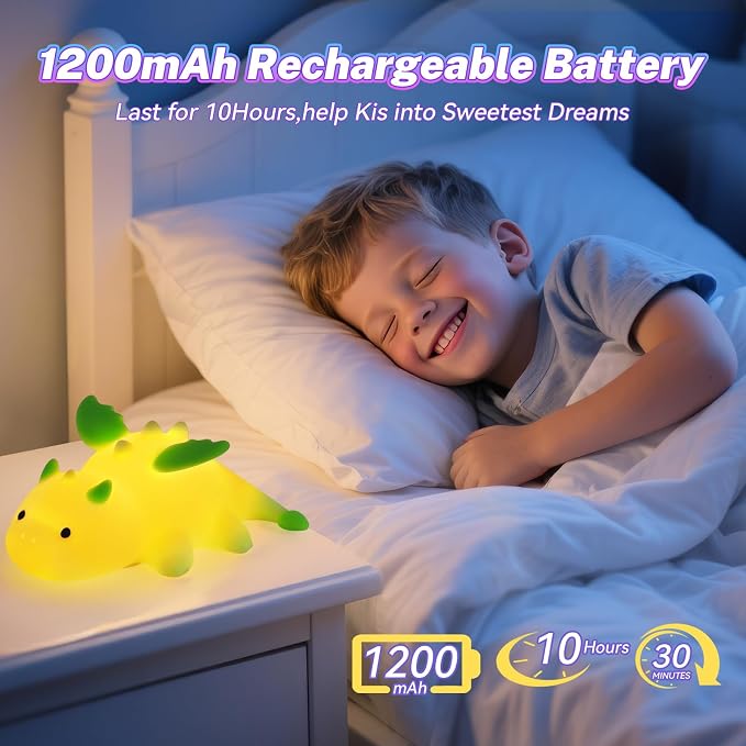 AVEKI Lime Green Dragon Night Light, Cute Baby Dragon Lamp Gifts for Boys and Girls, 10 Modes Touch Dimmable Kids Nightlight, Rechargeable Baby Light for Nursery, Portable Moving Kids Lamp
