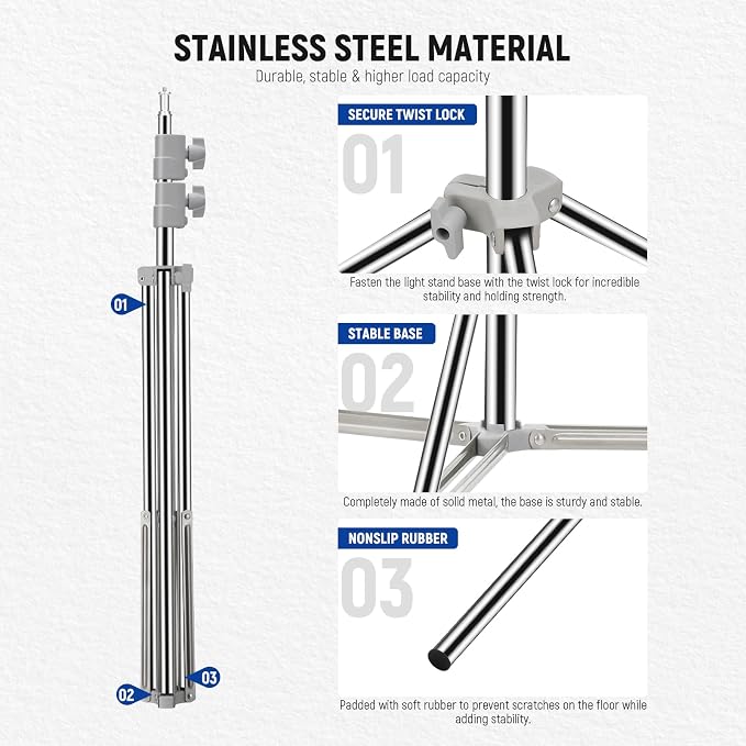 NEEWER Upgraded 75"/190cm Light Stand Stainless Steel Spring Loaded, Foldable Photography Tripod Stand with Stronger Tube Joints for Strobe Softbox LED Ring Light, Max Load 13.5lb/6.5kg, ST-190SS | Foldable, Photography Tripod Stand, Stronger Tube Join...