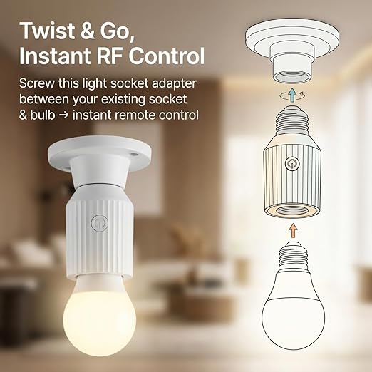 LoraTap Remote Control Light Socket, Wireless Light Switch for Pull Chain & Bare Fixtures, Wall Mount, 100ft Range for Closet, Basement & Garage, E26 E27 Adapter, No Wiring