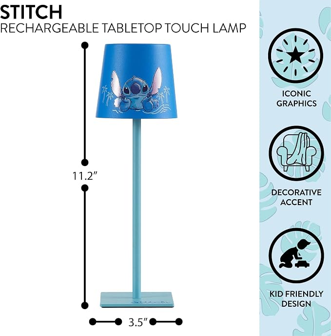 Disney Lilo and Stitch Kids Touch Night Light Lamp, Rechargeable Battery Operated Bedroom Table Lamp with Touch On/Off, Portable LED Desk Light with Charging Cord for Nursery & Children’s Room