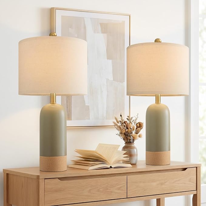 PoKat 24'' Hand-Textured Green Table Lamps, Farmhouse Bedside Lamp Set of 2 | Ceramic Lamps for Living Room, Two-Tones Design, Boho Nightstands Lamps for Bedroom, Home Decor for Side End Table, Hallway