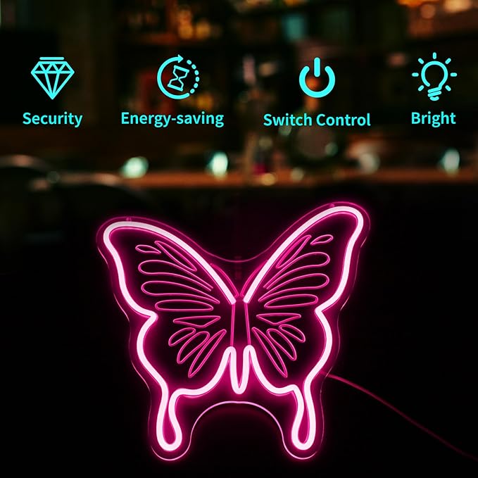 Butterfly Neon Sign - HSJNJKFU LED Neon Signs for Wall Decor Pink Light Sign with Engraved Design, LED Signs for Bedroom, Classroom, School Room Decor, USB Powered